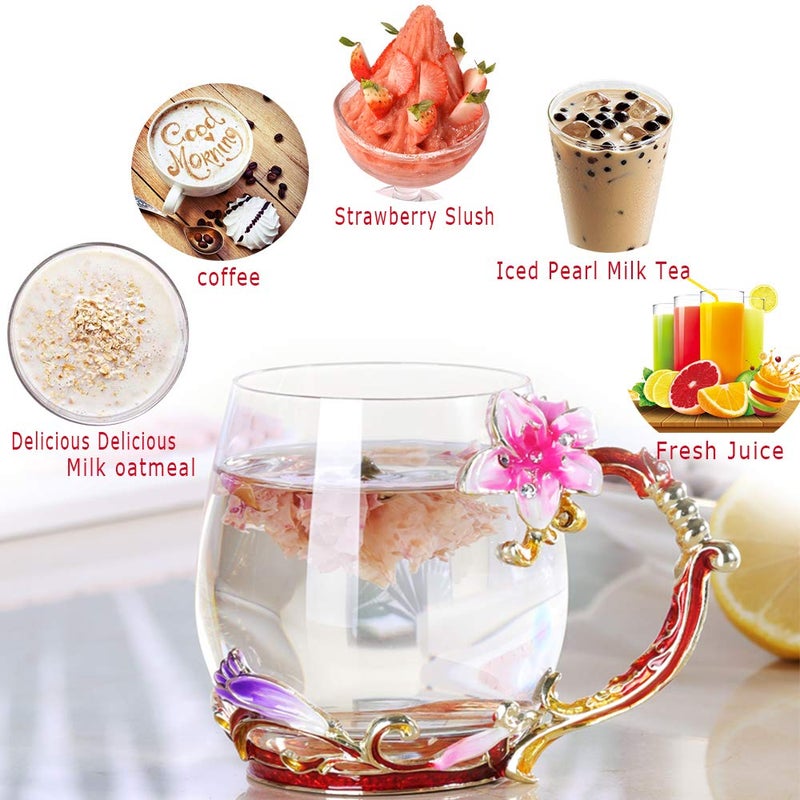 Mooduuty Tea Cup, Mother's Day Gifts, Gifts Coffee Mug Cups, Lily Flower Glass Tea Cup, Unique Personalized Birthday Present Ideas for Women Grandma Mom Teachers Hot Beverages 12OZ Pink - Image 5